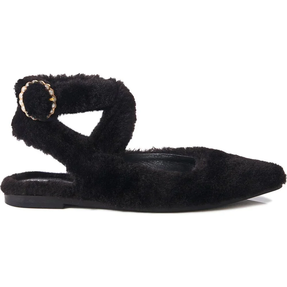 Free People Faux Fur Shearling Parisa Pointed Fuzzy Flats Black Shoes 7.5 NWT